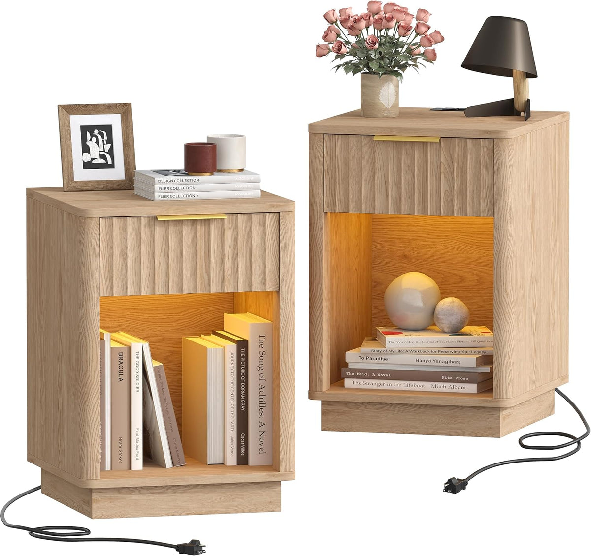 Akxomel Fluted Nightstand Set 2 Bedside Table with Charging Station Oak