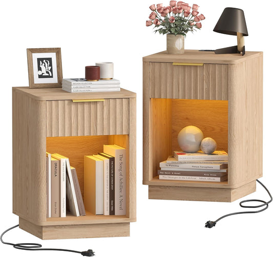 Akxomel Fluted Nightstand Set 2 Bedside Table with Charging Station Oak