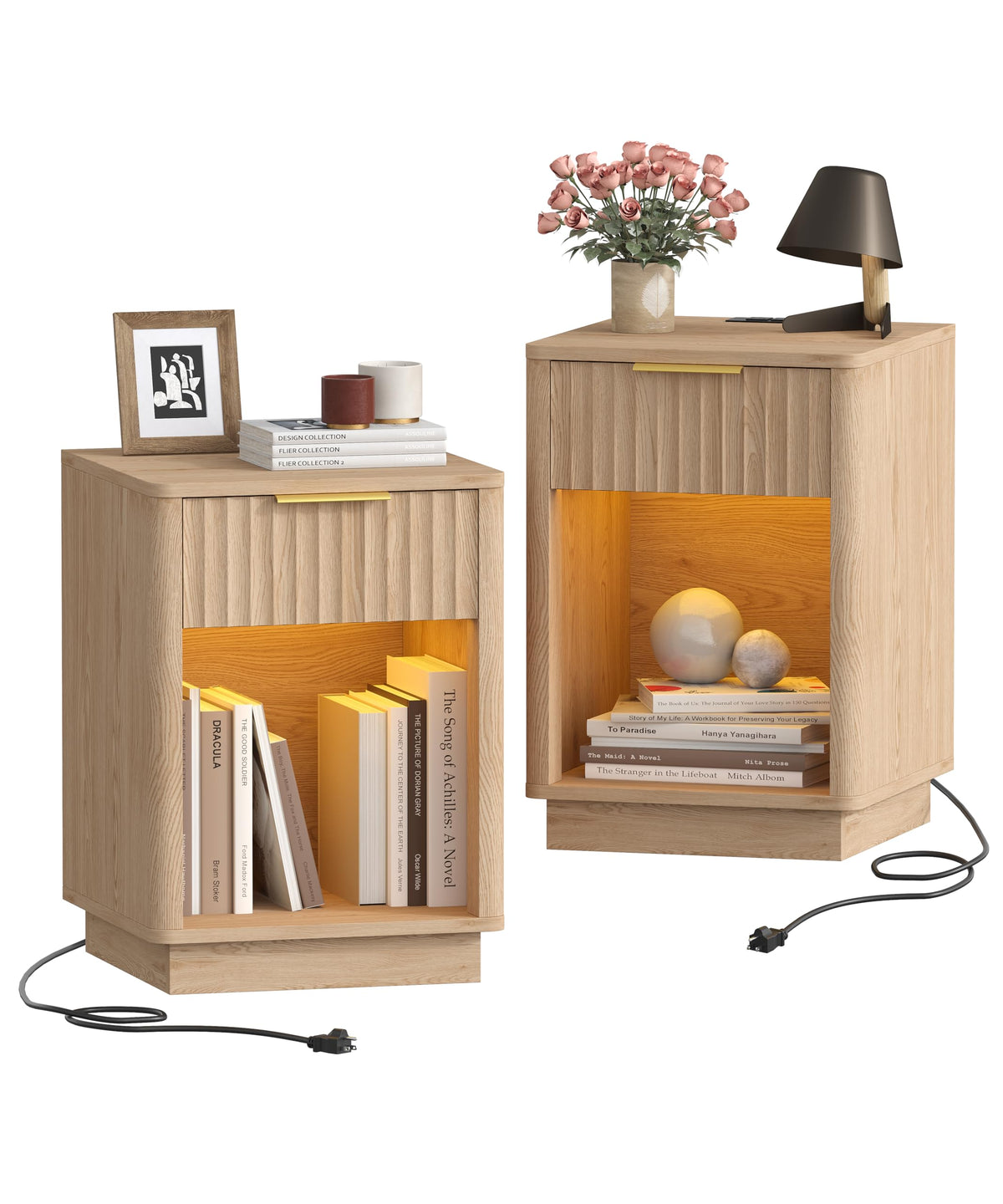 Akxomel Fluted Nightstand Set 2 Bedside Table with Charging Station Black