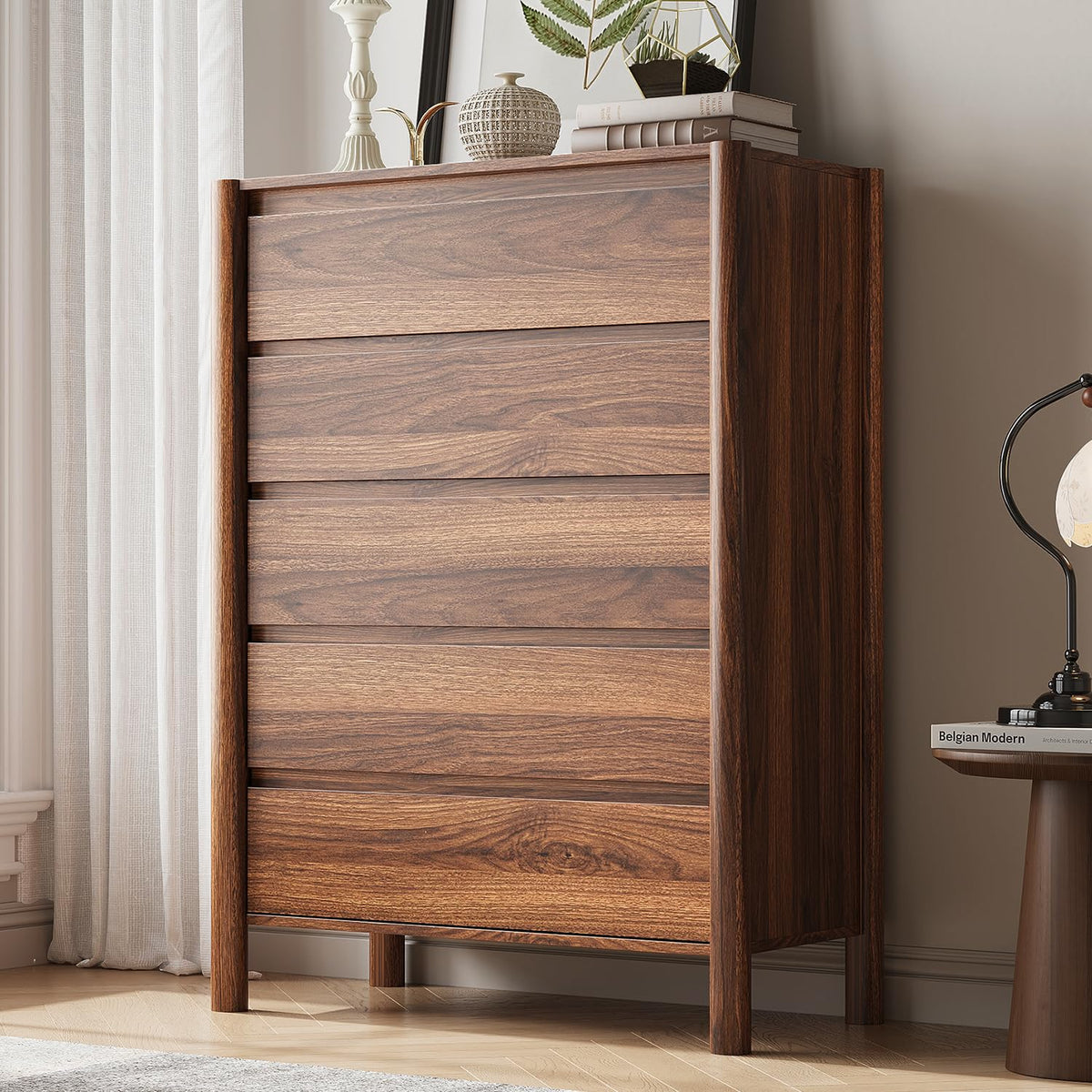 CHUWELL 63" Wide Walnut 9 Drawer Dresser for Bedroom with Solid Wood Legs