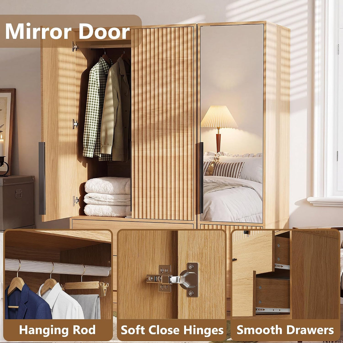 62.6"H Wooden Armoire Wardrobe Closet with Fluted Doors and Drawer, Natural
