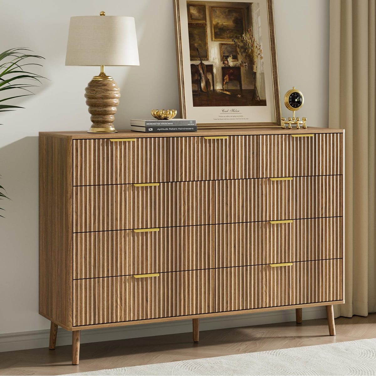 LYNSOM 55" Wide Fluted Dresser for Bedroom with 6 Drawer, Modern Chest of Drawers with Curved Profile Design and Metal Handles, Wood Dresser TV Stand & Storage Organizer for Living Room, Walnut