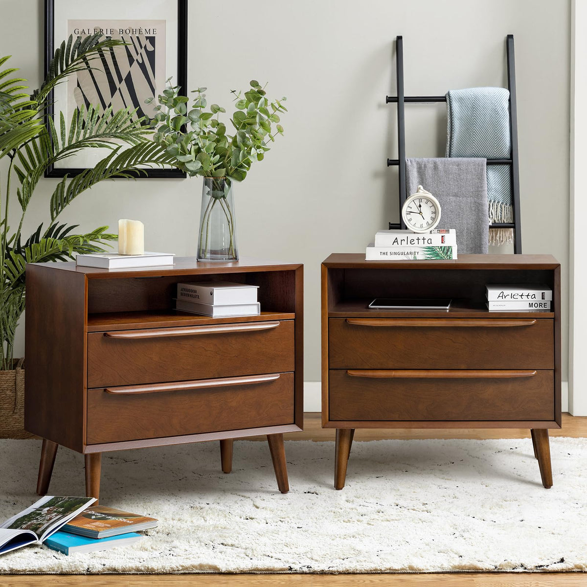 HULALA HOME End Table with Charging Station, 2 Drawers, Set of 2, Acorn