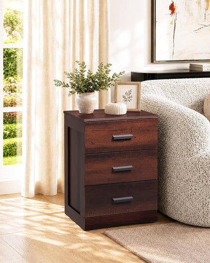 WLIVE Brown Nightstand with 3 Drawers, Wood Bedside Table with Large Top