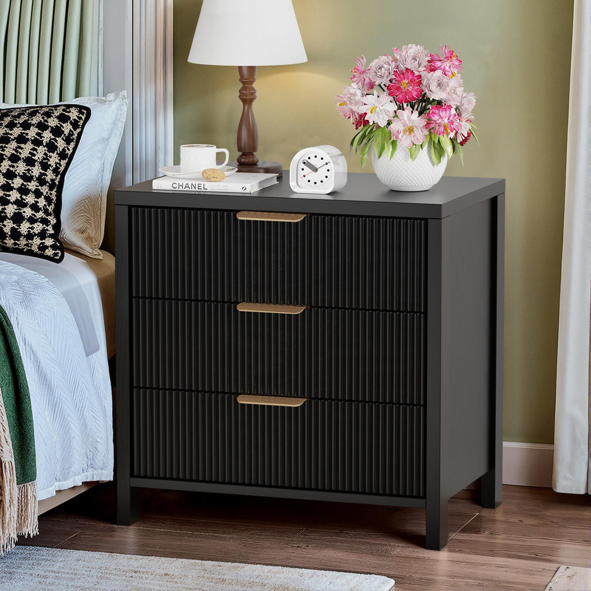 Fluted Nightstands Set of 2, 23.7'' Wide Night Stand with 3 Drawers, Mid-Century Modern Bedside Table with Handles, Wood End Table for Bedroom, Walnut