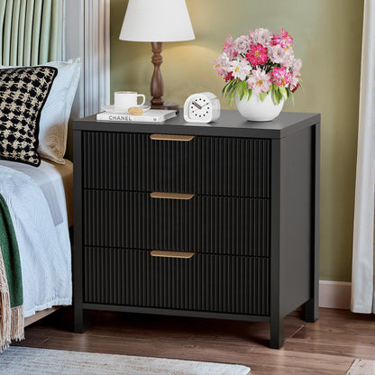Fluted Nightstands Set of 2, 23.7'' Wide Night Stand with 3 Drawers, Mid-Century Modern Bedside Table with Handles, Wood End Table for Bedroom, Walnut
