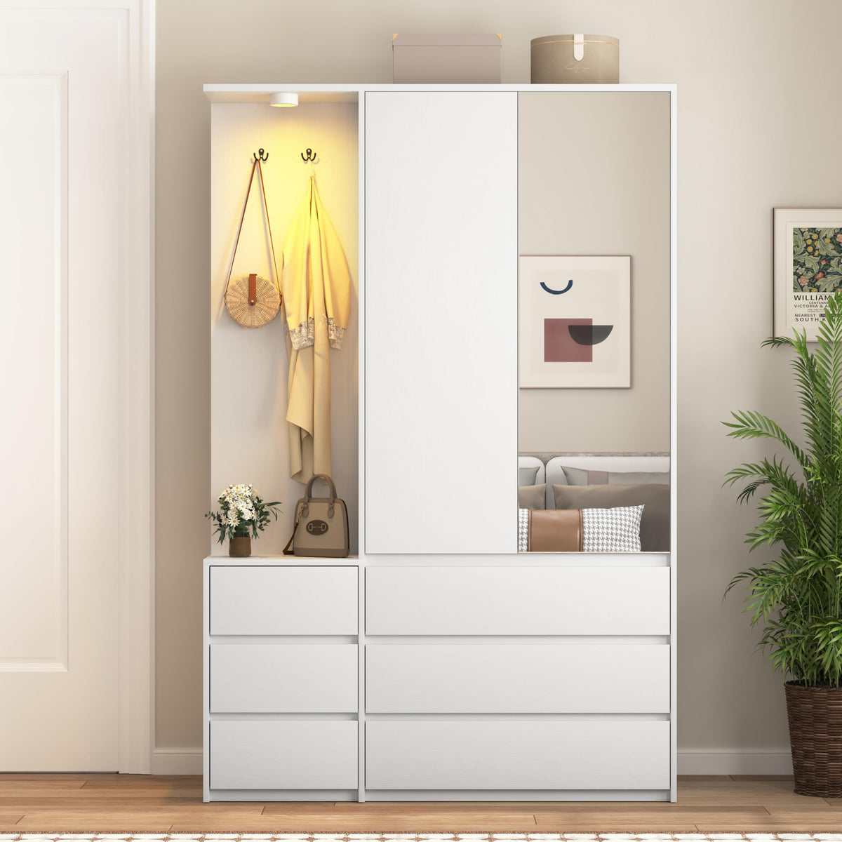 72'' Armoire Wardrobe Closet with Mirror Door & LED Lighting, Large Freestanding Modern Wooden 2 Doors Closet with 6 Drawers & 3 Storage Shelves & Hanging Rod & 2 Hooks for Bedroom (Black)