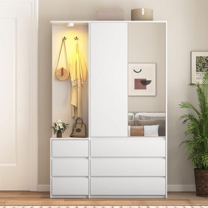 72'' Armoire Wardrobe Closet with Mirror Door & LED Lighting, Large Freestanding Modern Wooden 2 Doors Closet with 6 Drawers & 3 Storage Shelves & Hanging Rod & 2 Hooks for Bedroom (Black)
