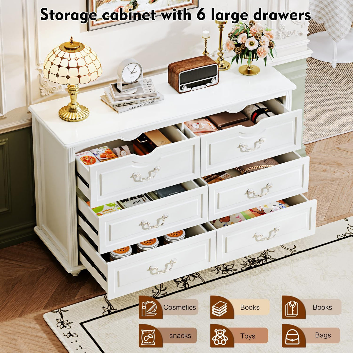 Chrangmay Modern Chest of Drawers with 6 Drawers,Deep Drawers,Clothes Organizer,Large Storage Cabinet for Living Room, Bedroom,Hallway,with Anti-Tipping Device,White
