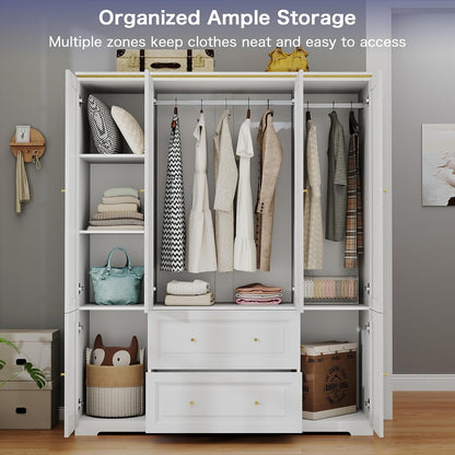 White Wardrobe Closet with 2 Drawers and 4 Doors, 74" H x 59" W