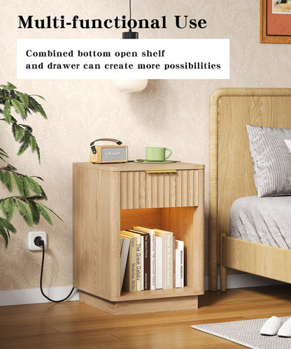 Akxomel Fluted Nightstand Set 2 Bedside Table with Charging Station Oak