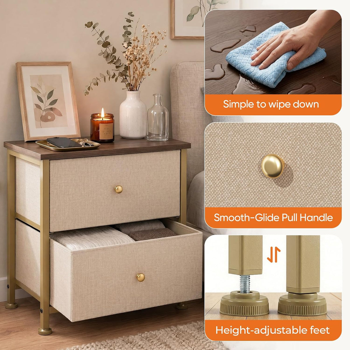 Sweetcrispy Nightstands Set of 2 with 2 Storage Drawer, Small Bedside Table