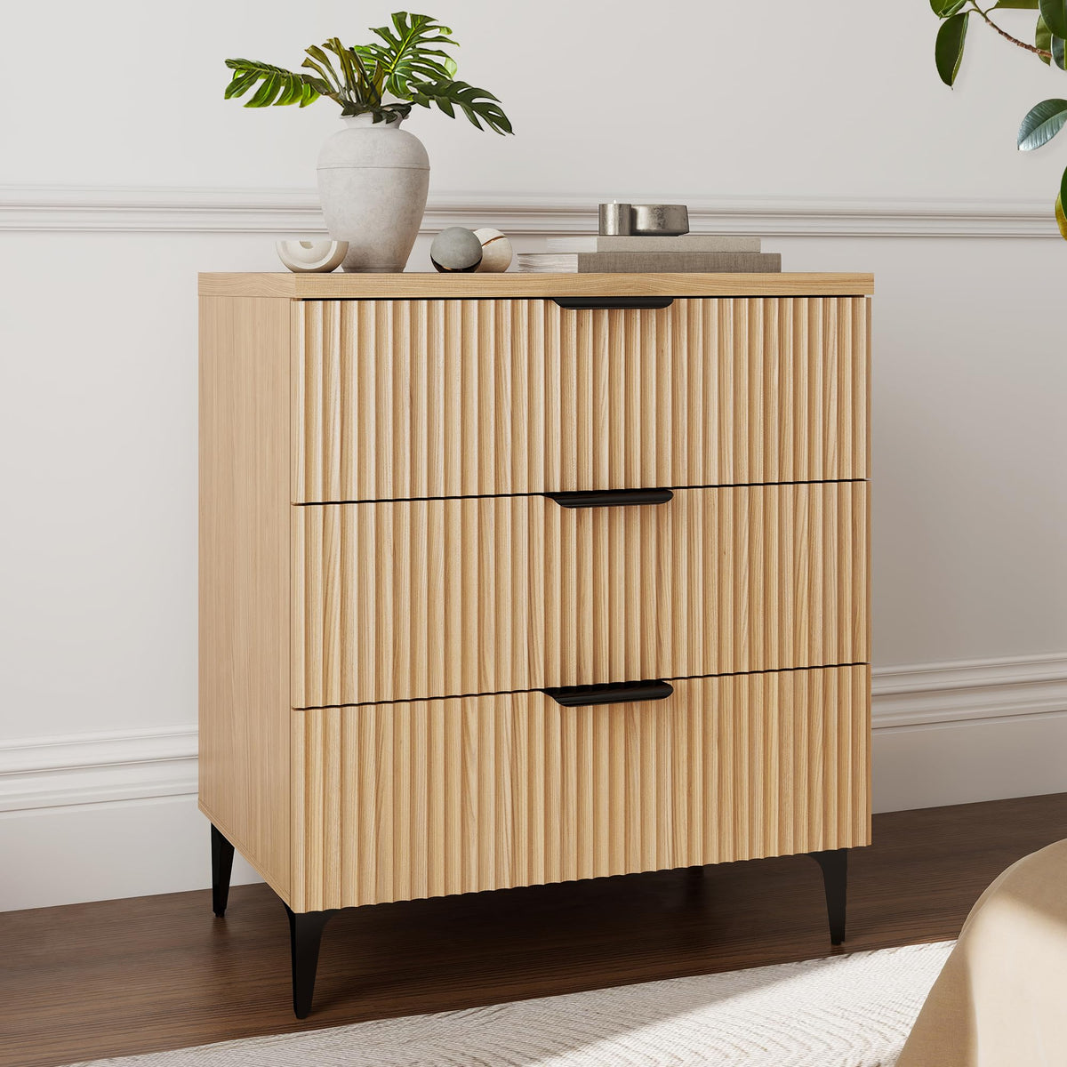 Walnut Fluted Nightstand Set of 2, Modern Night Stands with 2 Drawers