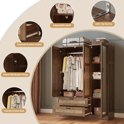 Rattan Armoire Wardrobe Closet with Full Length Mirror, 3 Doors Wardrobe Cabinet with 2 Drawers, Farmhouse Boho Armoire with Hanging Rod for Bedroom