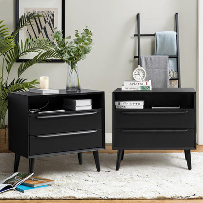 HULALA HOME End Table with Charging Station, 2 Drawers, Set of 2, Acorn