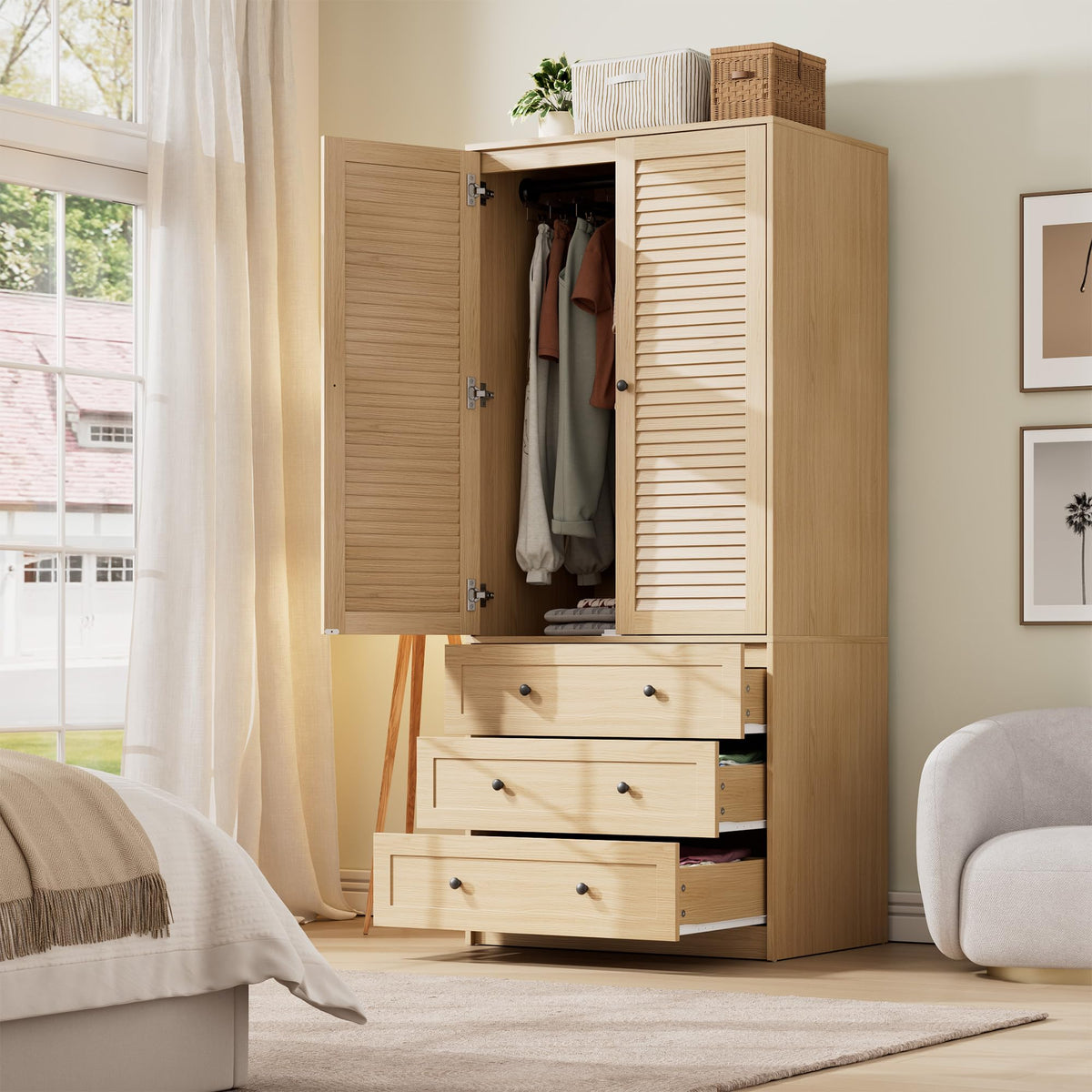 GarveeHome 70" Wardrobe Armoire Wooden Closet with 3 Drawers, Black