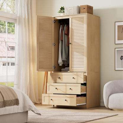 GarveeHome 70" Wardrobe Armoire Wooden Closet with 3 Drawers, Black