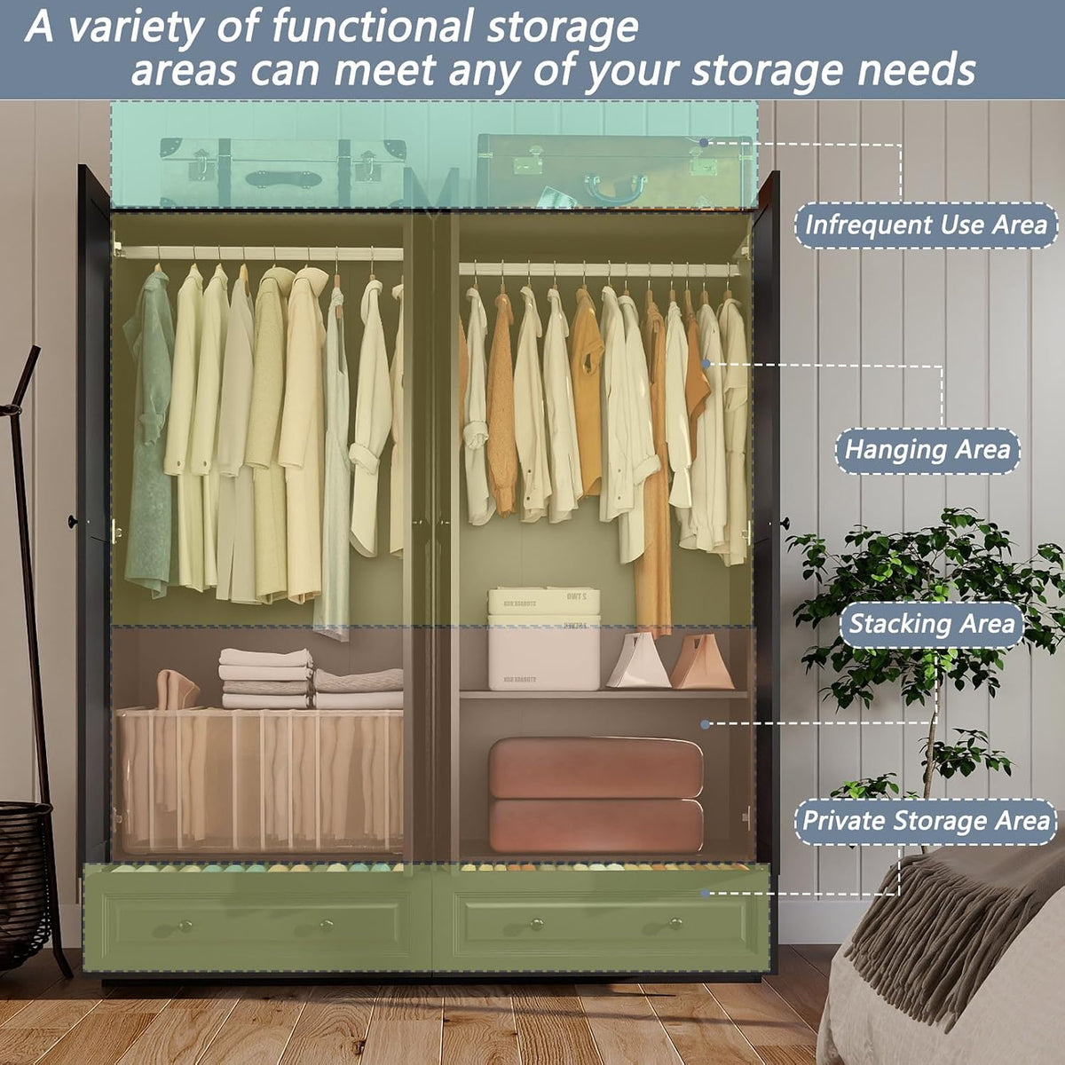 Armoire Wardrobe Closet with Drawers: 75" Black Tall Wardrobe with 4 Doors
