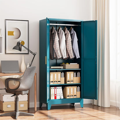 COFaR Armoire Wardrobe Closet, 71" Convertible 2-in-1 Metal Cabinet with Adjustable Rod & Shelves, Freestanding Hanging & Storage Organizer (Peacock Blue)