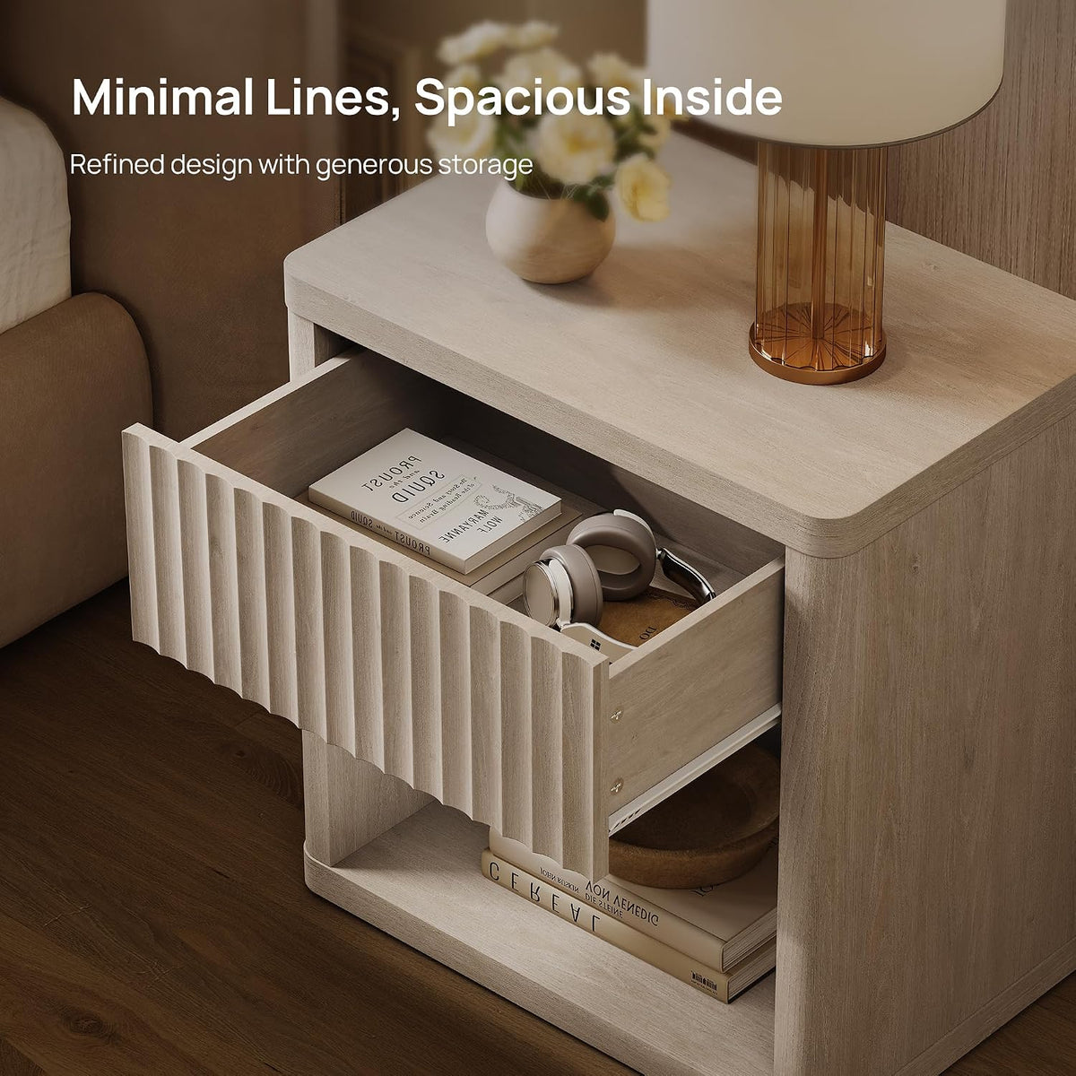 SICOTAS Night Stand Set of 2 Nightstands with Drawer Storage Fluted Bed Side Table End Table Large Modern Wide Bedside Stand Mid Century Night Stands for Bedroom Living Room Sofa Office, White Alder
