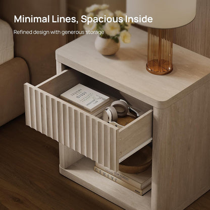 SICOTAS Night Stand Set of 2 Nightstands with Drawer Storage Fluted Bed Side Table End Table Large Modern Wide Bedside Stand Mid Century Night Stands for Bedroom Living Room Sofa Office, White Alder