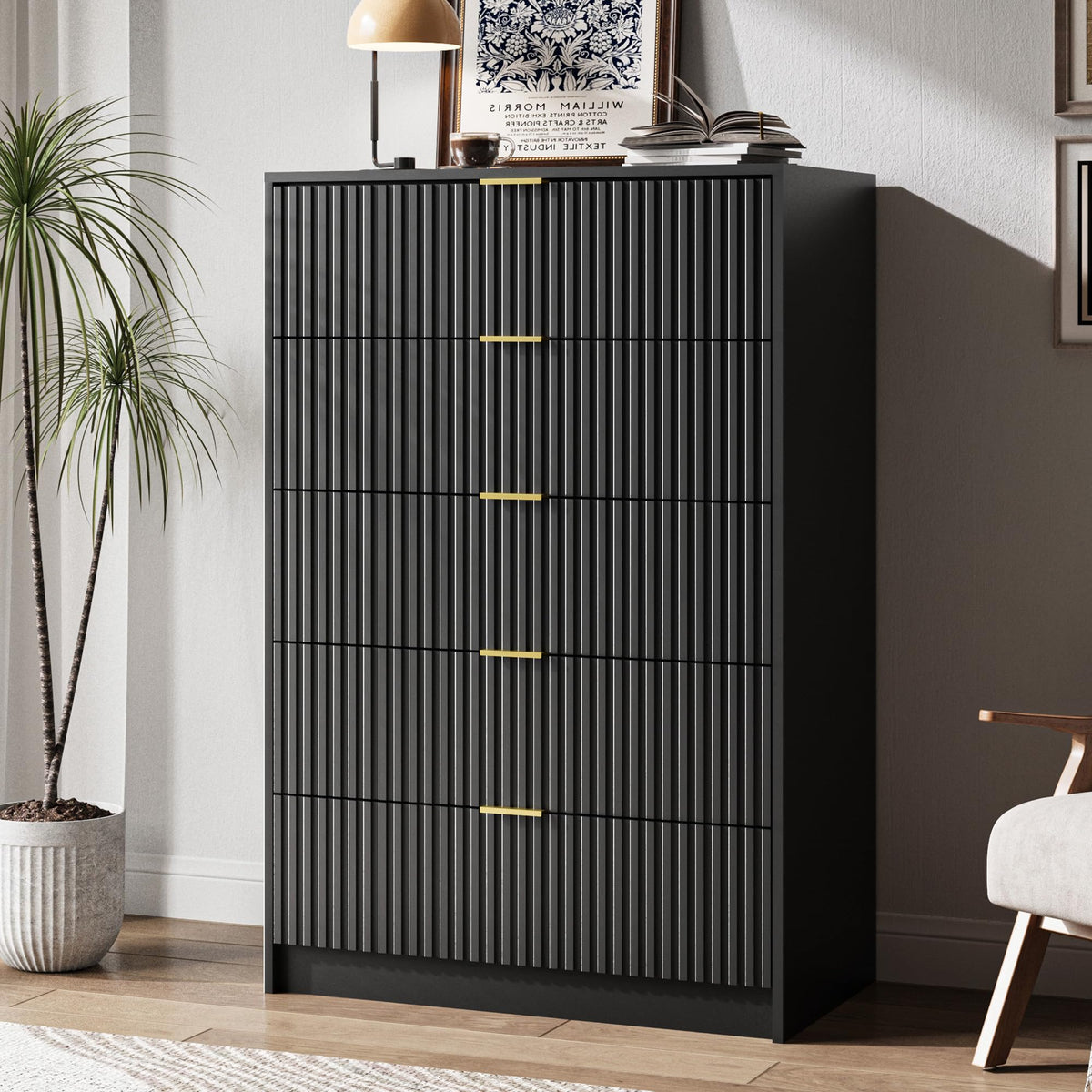 MAISONARIA 55" Wide Fluted 6-Drawer Double Dresser for Bedroom, Black