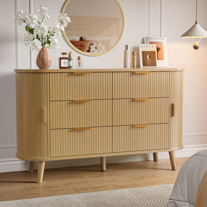 Decofy Fluted 6 Drawer Dresser, 55" Mid Century Modern Chest of Drawers