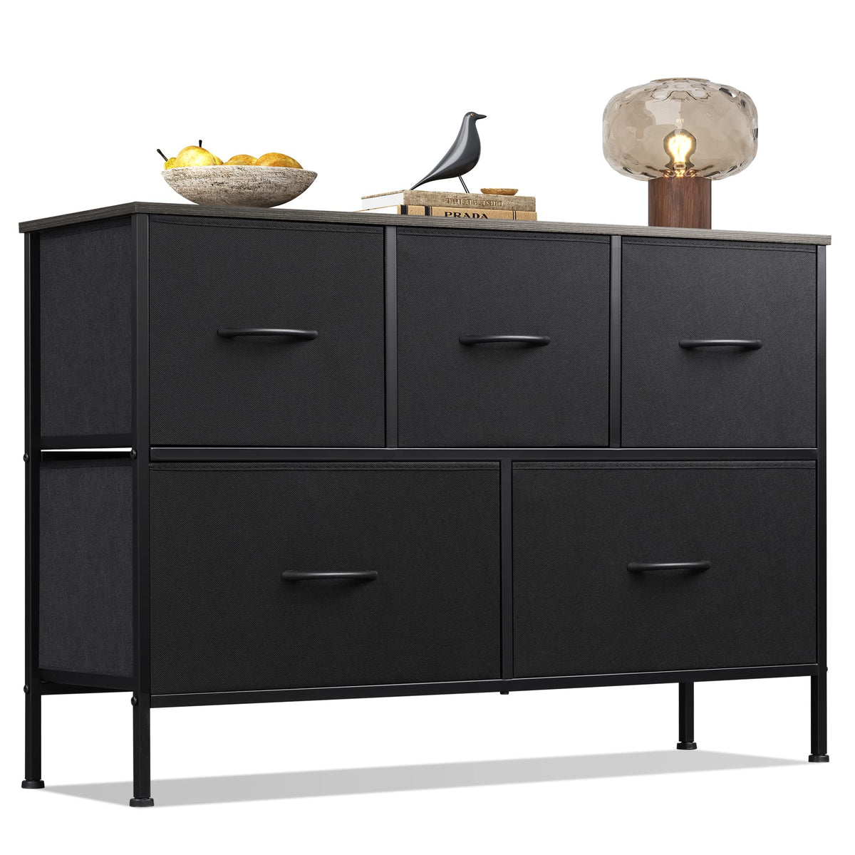 WLIVE Wide Dresser for Bedroom, 5 Drawer Chest of Drawers, Dark Grey