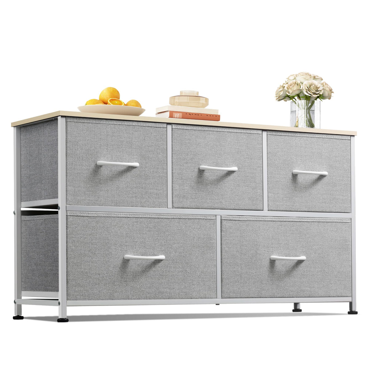 WLIVE Wide Dresser for Bedroom, 5 Drawer Chest of Drawers, Dark Grey