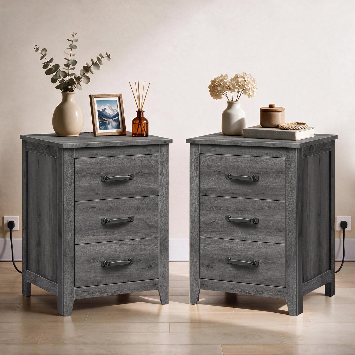 VASAGLE Set of 2 Nightstands with 2 Drawers and Charging Station
