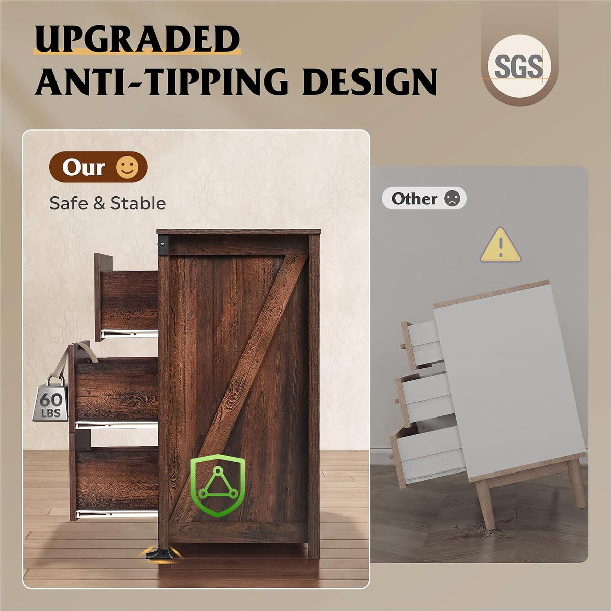 WLIVE Brown Dresser for Bedroom, 9 Drawer Wooden Chest of Drawers with SGS-Tested Anti-Tip Design, 62 Inch Wide Rustic Dresser TV Stand for Living Room, Hallway and Closet, Large Storage Cabinet