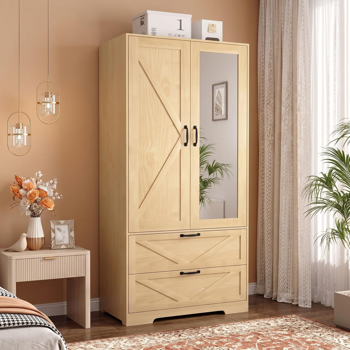 72" Armoire Wardrobe Closet with Mirror Door and LED Lights,Farmhouse Bedroom Armoire with Drawers and Adjustable Shelves,Wooden Armoire Wardrobe Closet with Hanging Rod for Bedroom(Black)