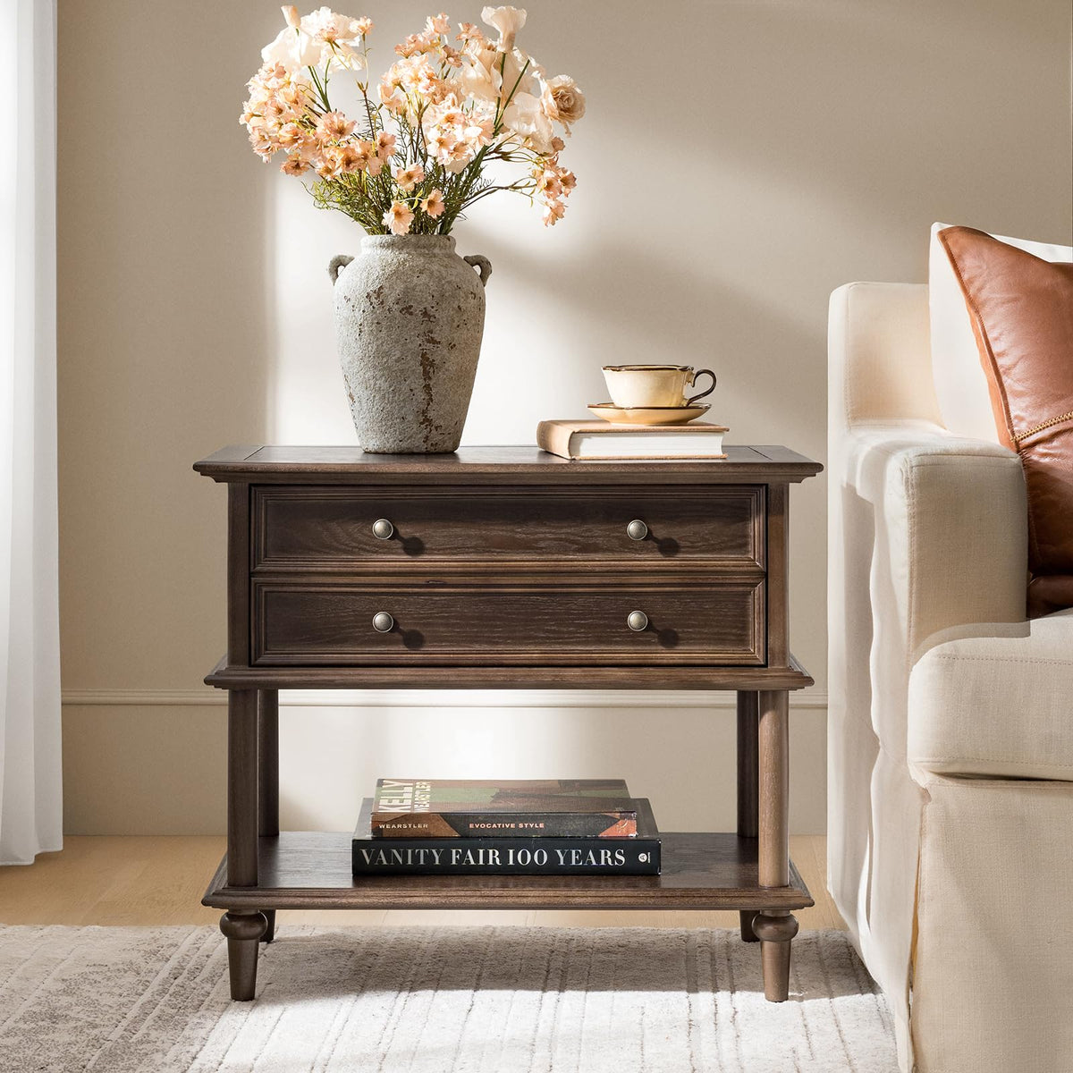 HULALA HOME Farmhouse Nightstand Set of 2 with Drawer & Open Shelf, Natural Wood End Table with Solid Wood Legs, 28.4'' Wide Sofa Side Table with Charging Station(Oak)