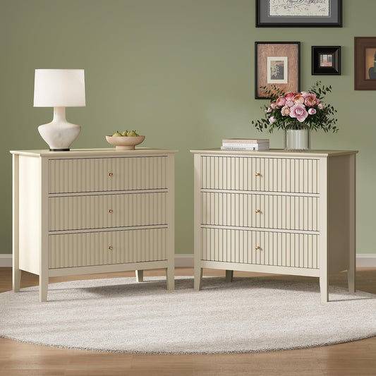 RoyalCraft 32" Large Nightstand Set of 2, Fluted Painted Bedside Table with 3 Spacious Drawers, Modern Tall End Table for Bedroom, Beige