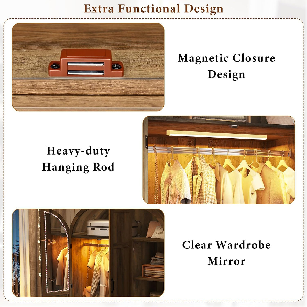 Squireewo 3 Doors Armoire Wardrobe Closet with Mirror and Lights, 71" Farmhouse Arched Wooden Wardrobe Cabinet with 2 Drawers,Hanging Rod, Clothing Storage Closet Cabinet for Bedroom,Light Rustic Oak