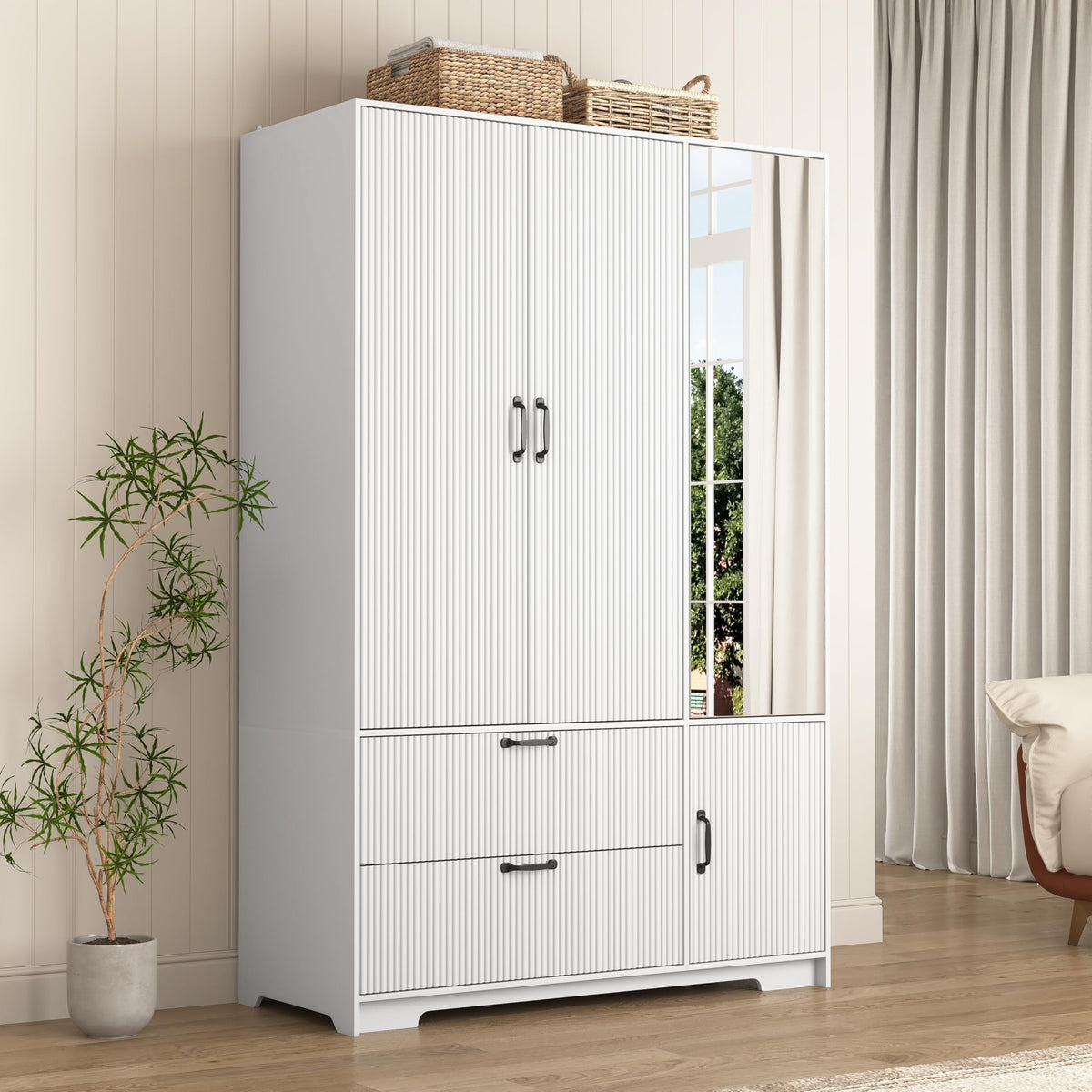 72'' Armoire Wardrobe Closet with Mirror Door & LED Lighting, Large Freestanding Modern Wooden 2 Doors Closet with 6 Drawers & 3 Storage Shelves & Hanging Rod & 2 Hooks for Bedroom (Black)