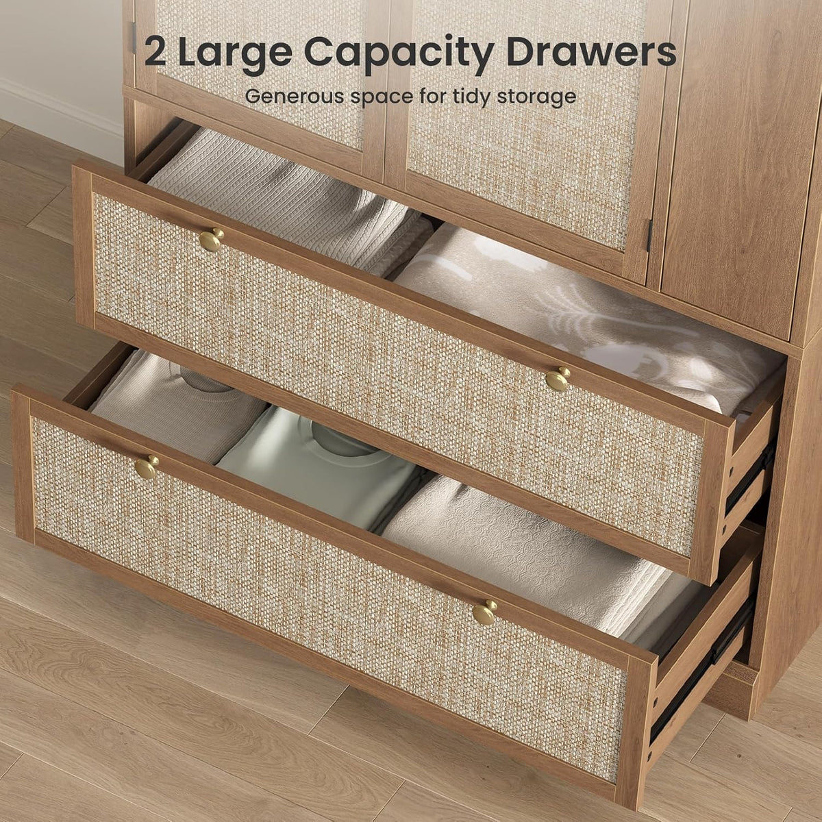 Rattan Wooden Armoire Wardrobe Closet with Pull-Out Side Storage