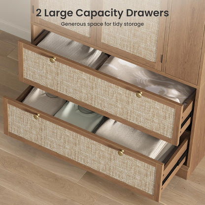 Rattan Wooden Armoire Wardrobe Closet with Pull-Out Side Storage