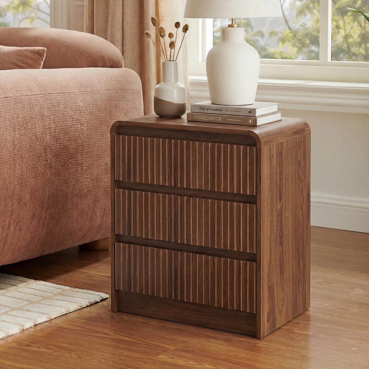 Seang Nightstand Set of 2,Fluted Nightstand with Charging Station,Wooden Bedside Table with Curved Profile Design,3 Drawers Storage,Large End Table for Bedroom,Walnut.