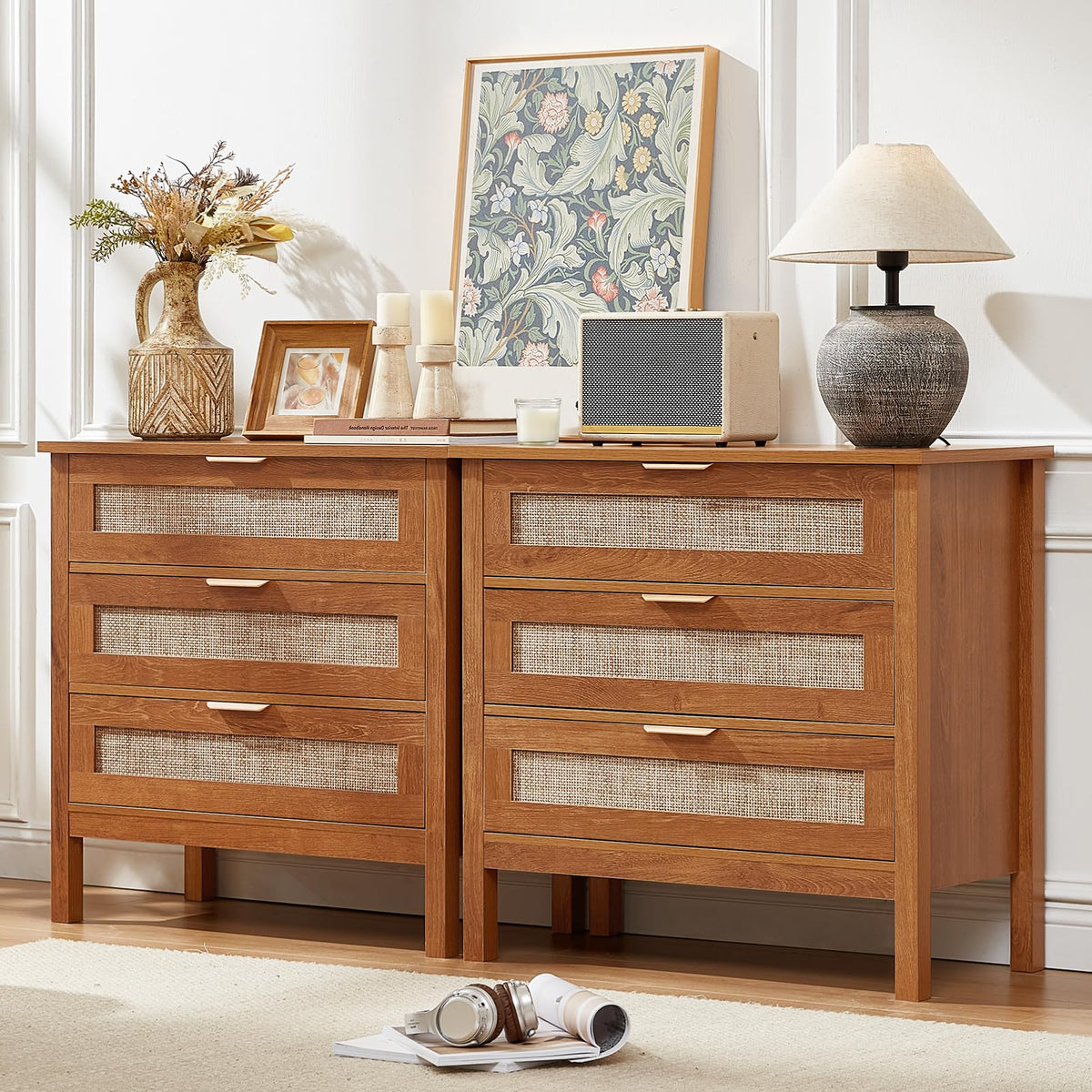 LEYAOYAO 26.8" Wide Rattan Nightstand, Large Boho 3 Drawer Night Stand