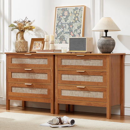 LEYAOYAO 26.8" Wide Rattan Nightstand, Large Boho 3 Drawer Night Stand