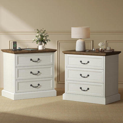 Huuger Nightstand with Charging Station, 3 Drawer Night Stand Set of 2