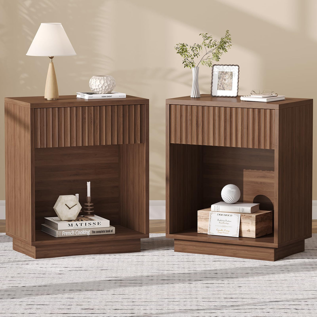 Fluted Nightstands Set of 2, Mid Century Bedside End Side Table