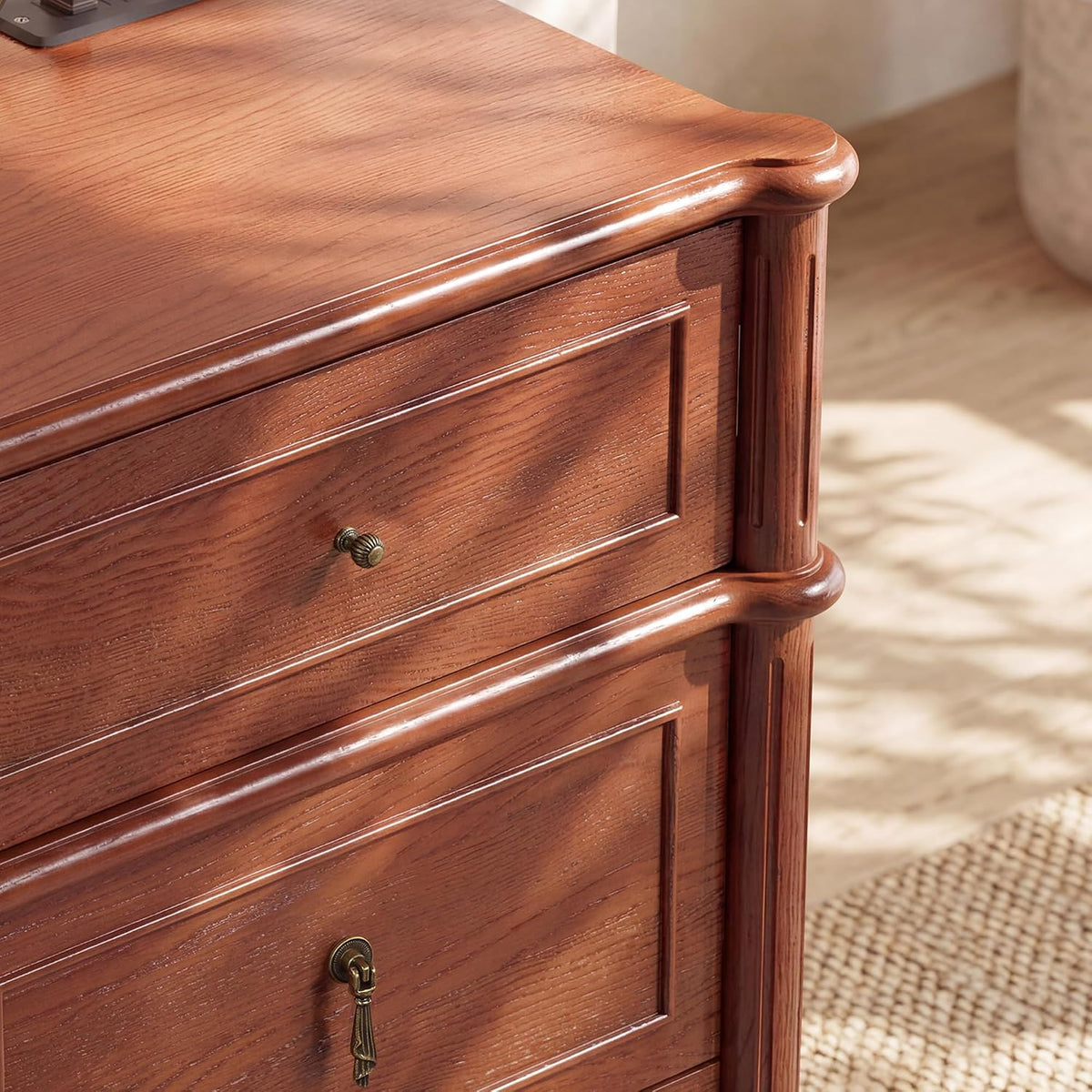 STO'SENSE 63" 9-Drawer Dresser with Power Outlet, Architectural Wood Storage Chest with Framed Drawers, Vintage Metal Pulls and Solid Wood Tapered Legs, Long Bedroom Dresser TV Stand,Brown