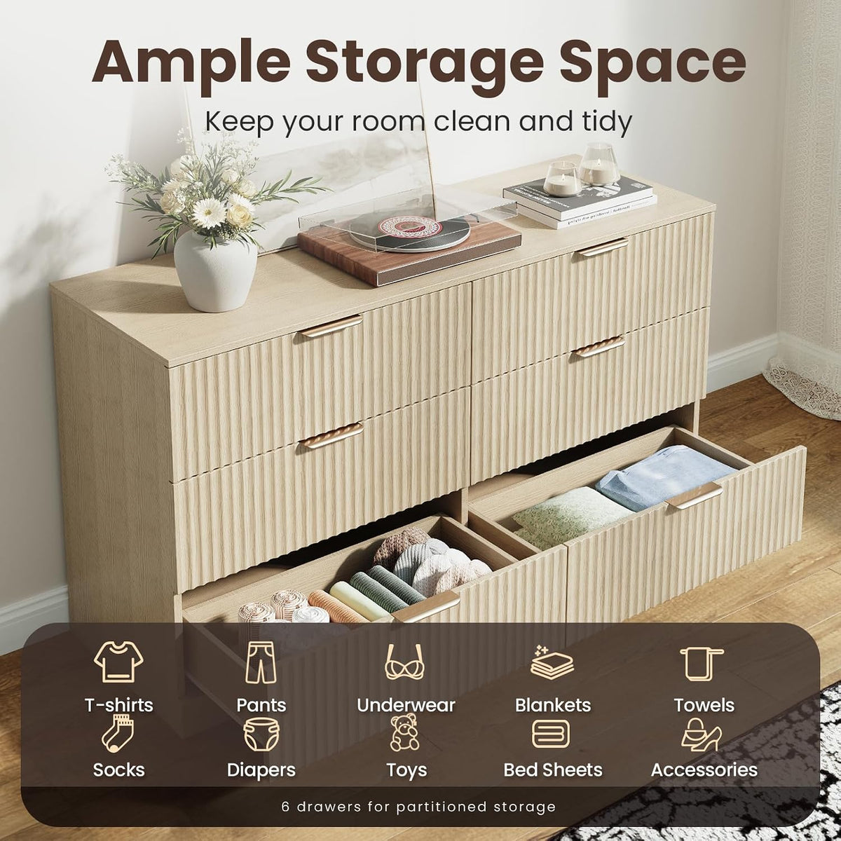 MALOL Modern Fluted 6 Drawer Dresser, Wide Wooden Storage Cabinet with Metal Handles, Silent Glide Drawers, Anti-Tip Chest for Bedroom, Living Room, Natural Wood, 47 Inch
