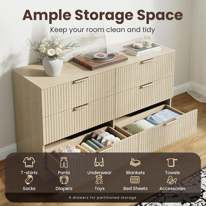 MALOL Modern Fluted 6 Drawer Dresser, Wide Wooden Storage Cabinet with Metal Handles, Silent Glide Drawers, Anti-Tip Chest for Bedroom, Living Room, Natural Wood, 47 Inch