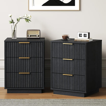 RoyalCraft Black Fluted Nightstand Set of 2, Modern Bedside Table with 3 Large Storage Drawers, Wood End Table with Metal Handle for Bedroom, Black