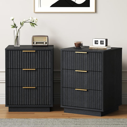 RoyalCraft Black Fluted Nightstand Set of 2, Modern Bedside Table with 3 Large Storage Drawers, Wood End Table with Metal Handle for Bedroom, Black