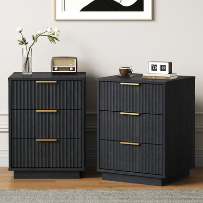 RoyalCraft Black Fluted Nightstand Set of 2, Modern Bedside Table with 3 Large Storage Drawers, Wood End Table with Metal Handle for Bedroom, Black