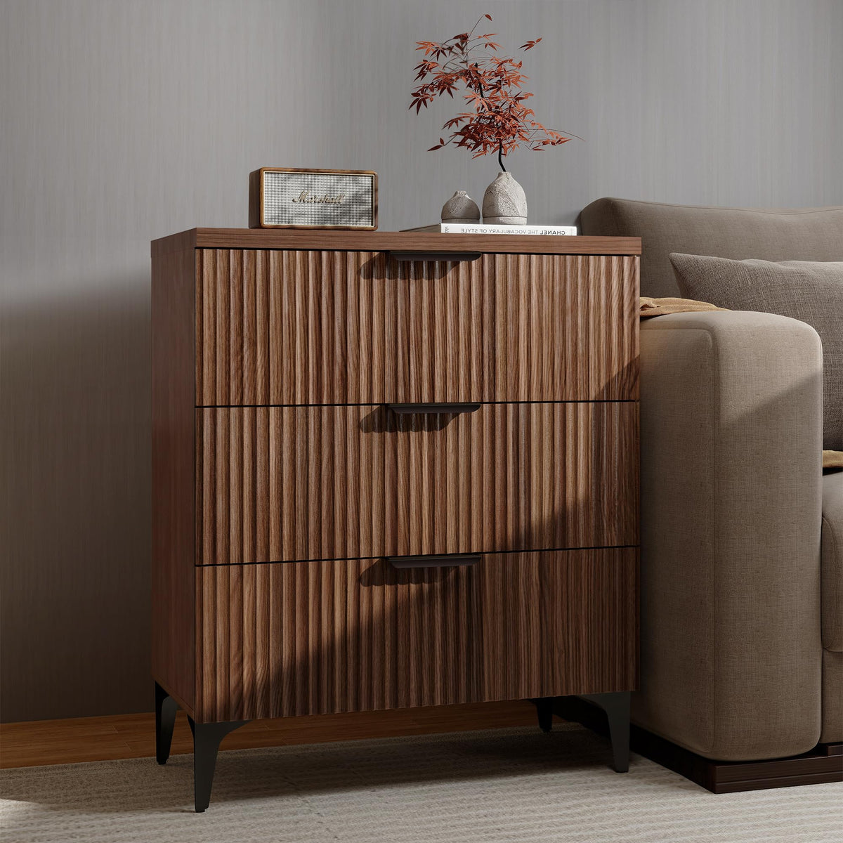 Wood Nightstand Set of 2, Fluted Bedside Tables with 2 Drawers
